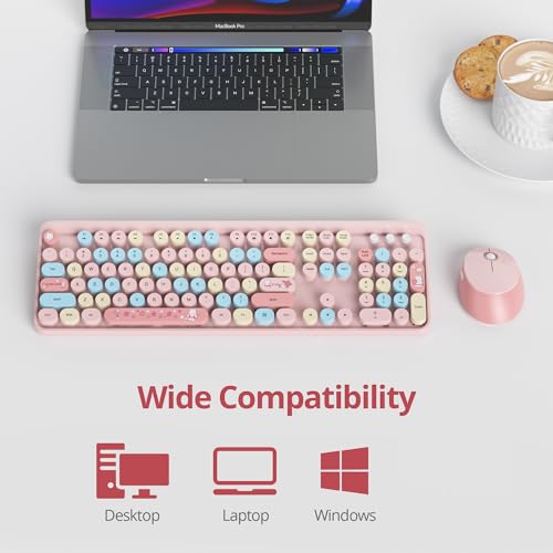 Image of GTSP Typewriter Pink Keyboard and Mouse Wireless, Full-Size Colorful Cute Office Keyboard 2.4GHz with Number Pad for Desktop Laptop and PC (Colorful Pink)