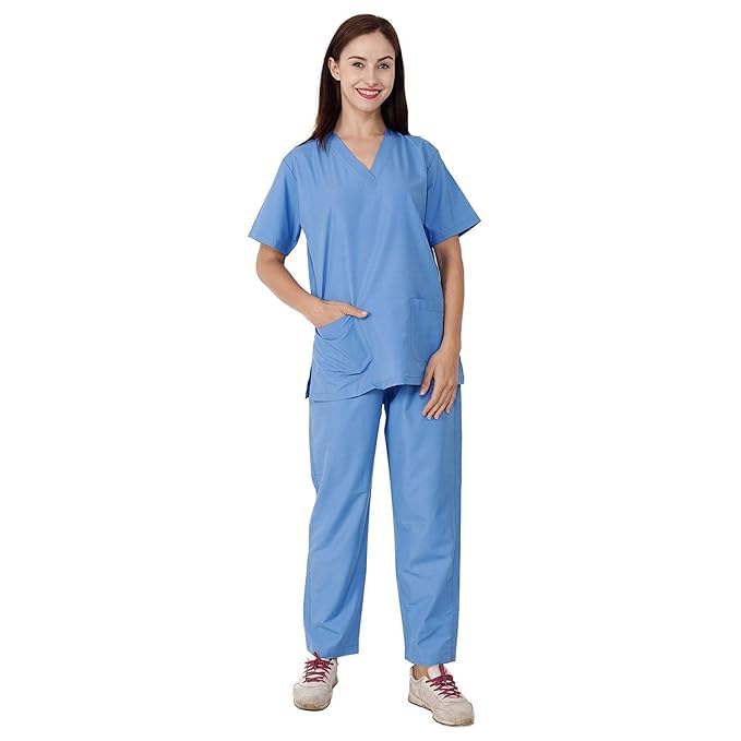RANK Women’s Scrub Suit Set – Polyester Viscose Blend | V-Neck Top with Pockets & Drawstring Pant | Female Medical Uniform for Nurse, Doctor, Dentist, Hospital, Clinic Use Size - S (Blue)