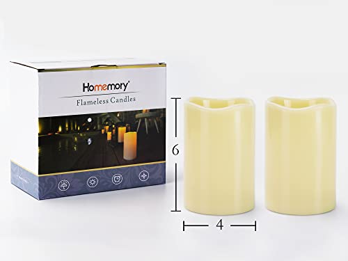 Image of Homemory 4 inch x 6 inch Large Waterproof Outdoor Flameless Candles, Battery Operated Flickering LED Pillar Candles with Remote and Timers for Indoor Outdoor Lanterns, Long Lasting, Dark Ivory, Set of 2