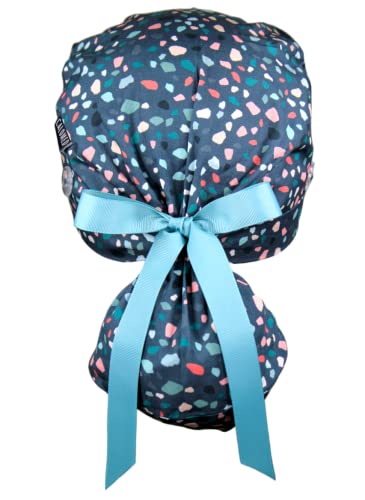 Image of Scrub Cap for Women and Men, Ponytail Scrub Caps, Working Hat, Head Cover with Ribbon Ties and Buttons, Long Hair