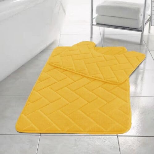 PARADISE STAR Block Memory Foam Bath Mat Extra Absorbent, Soft & Comfortable, Non Slip Bathroom Rug and Pedestal Bath Mat Set COLOUR OCHRE