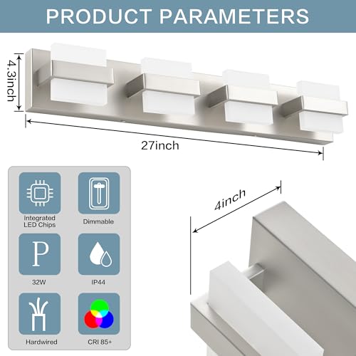 Image of SOLFART Brushed-Nickel Bathroom Light Fixtures, 4 Lights Bathroom Vanity Light LED Vanity Lights Brushed-Nickel Vanity Lighting, Dimmable