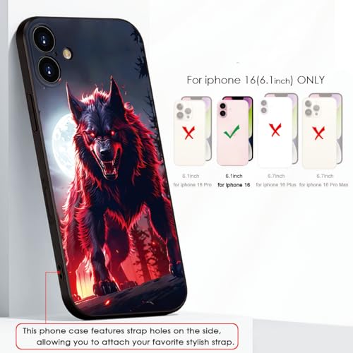 Printed with Wolf for iPhone 16 case, Under The Full Moon, The Wolf King with Untamed Power and Radiating Red Eyes - Silicone Shockproof Case (A1-Wolfs-Animal)