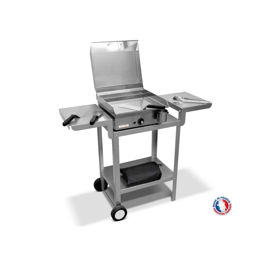 PLANCHAELEC - Pack Complet Plancha Electrique NEO E420-1800W - Chariot + Accessoires - Inox - Thermostat Réglable - 5 Personnes - Made In France - L42 X P43 X H18 cm