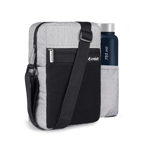 CRALOFT CrestCarryall Polyester 11.5 Inch Side Sling Bag/Crossbody Travel Bag for Men and Women, With Hideable Water-Bottle Pocket (S3, Grey_Black)