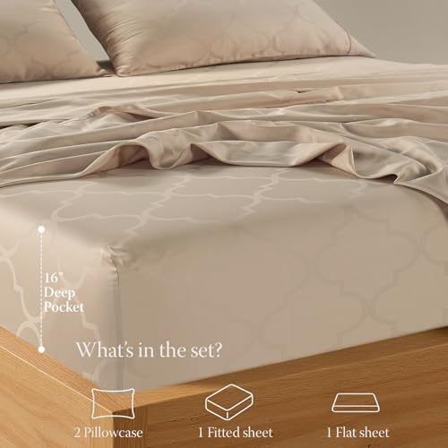 300 Thread Count Jacquard Tradition Light Beige Queen Sheets - 100% Cotton Breathable Silky Soft Damask Sheets - 3 Pc Bed Sheet Set Elasticized Deep Pockets - Wrinkle Free Bedding Sheets by Threadmill