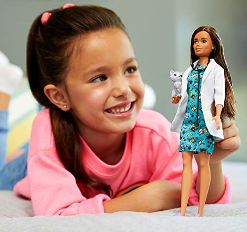 Barbie Pet Vet Brunette Doll With Career Pet-Print Dress, Medical Coat, Shoes And Kitty Patient For Ages 3 And Up ​, Multi #TOP1
