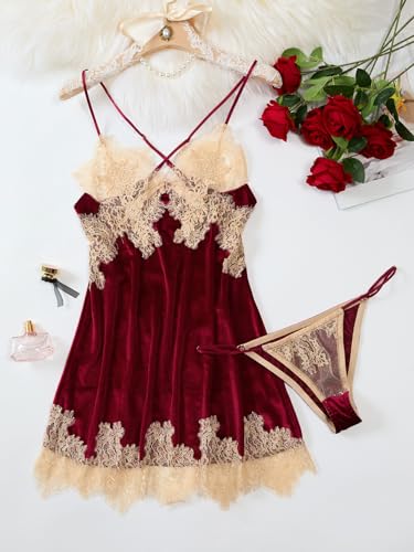 Image of Lilosy Sexy Silk Lace Up Backless Satin Applique Floral Lace Babydoll Lingerie Dress with Tong 2 Piece