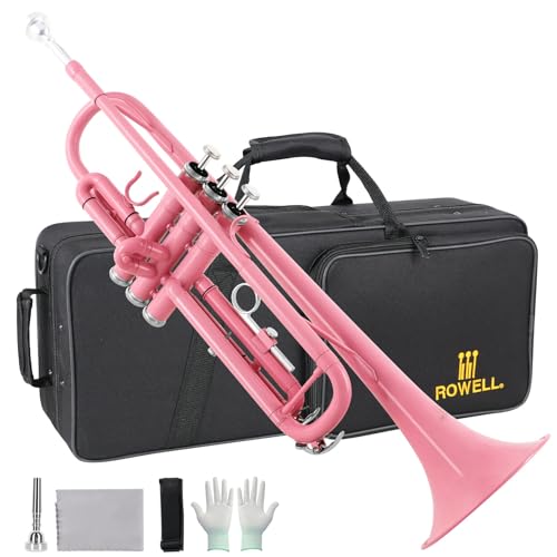 ROWELL Bb Standard Trumpet Professional Brass Trumpets for Beginner Standard Student Trumpet Set with Hard Case,7C Mouthpiece,Gloves(Pink)