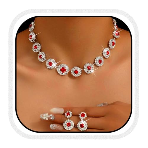 Unicra Juego de joyas de boda en plata con strass, collar de cuello redondo y pendientes, conjunto de fiesta de graduación formal, juego de joyas de cristal para mujeres y novias, talla única, Acero