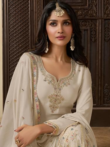 Image of Designer Palazzo Sharara Suit Set with Embroidered Dupatta, Traditional Indian Ethnic Dress, White and Black Variants