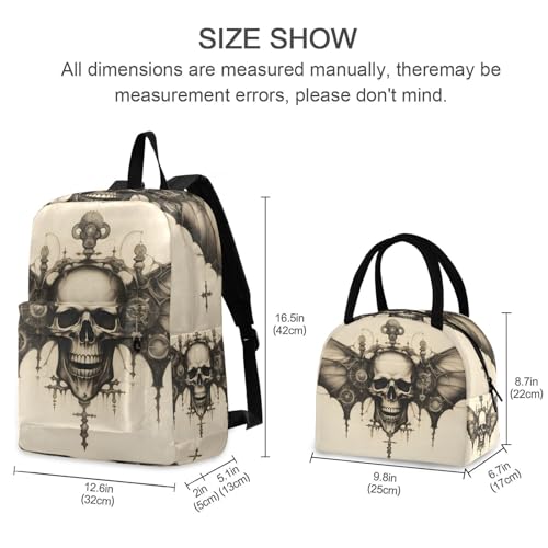 Backpack Lunch Bag Set Steampunk Skull Print, Big Storage Travel Backpacks with Insulated Lunch Box for Office Hiking Picnic2