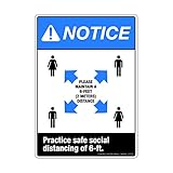 6フィートの安全な社会的距離を練習 - お知らせ - ビニール安全標識、垂直(幅3.5インチ x 高さ5インチ)