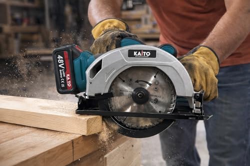 Image of KAITO 48V Cordless Circular Saw | Brushless Motor | 7-Inch (185 mm) Blade | 5500 RPM | Adjustable 0-50 Bevel Cutting | Heavy-Duty Wood, Metal & PVC Cutter | 2 Batteries & Fast Charger
