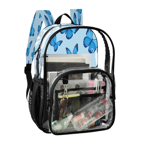 Blue Butterflies Clear Backpack - Stadium Approved Large 15.7-inch Waterproof Transparent Bag for Sports, Concerts, Work, Travel#3492