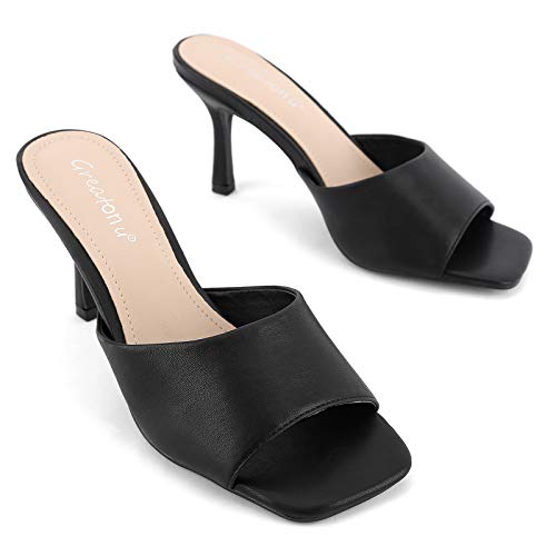 Greatonu Womens Kitten Heel Sandals Wide Band Mule Slippers Slip On Comfort Black Slide Mules Size 9 #TOP2