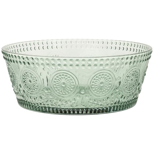 Boston International Vintage-Inspired Glass Serving Bowl with Embossed Floral Pattern for Salad Snacks Dinner, Large 7' x 2.75', Sage Green Codi