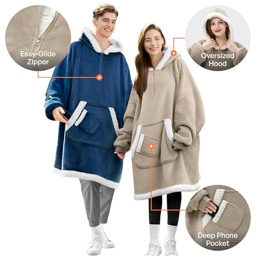Giggling Getup Wearable Blanket Hoodie for Women Men Gifts for Women Mom Wife Sherpa Fleece Hooded Blanket Sweatshirt Warm Cozy Sherpa Wearable Throw with Pocket & Sleeves for Adult Standard Latte