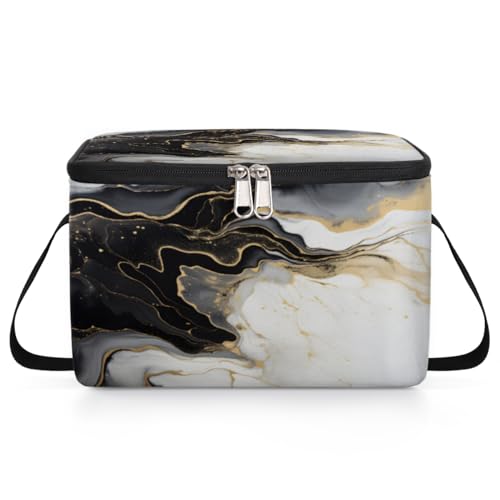 GzLeyigou Black Marble Texture Lunch Bags for Women Men 9 Cans, Hot & Cold Food Delivery Bag Insulated Grocery Bag Insulated Lunch Box Golden Marbling Cooler Bag for Office Work Picnic Beach