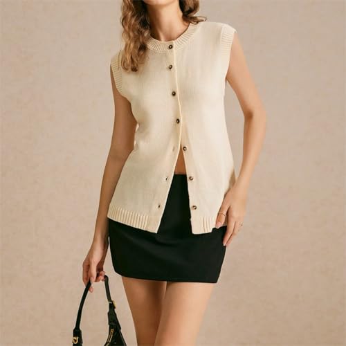 Image of Women Button Down Knit Sweater Vest Casual Loose Fit Crew Neck Sleeveless Button Front Knitted Sweater Cardigan