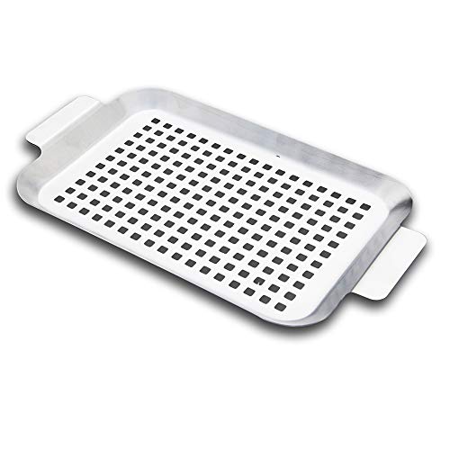 Bistecchiera in acciaio inox di alta qualità con rivestimento antiaderente, manici termici, design scanalato, fori di drenaggio del grasso, lavabile in lavastoviglie per barbecue, campeggio, carne