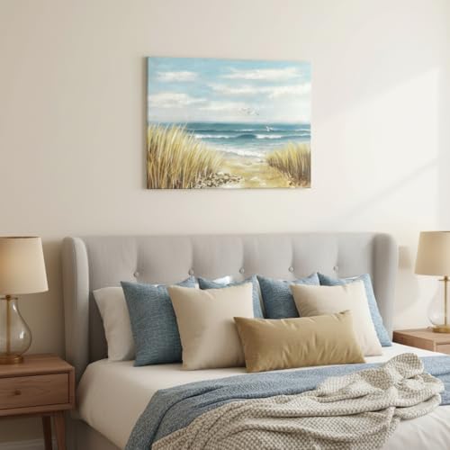 Canvas Wall Art Beach Picture: Coastal Scene Prints Decor Bedroom Bathroom Ocean Seascape Waves Painting Modern Seaside Sea Grass Seagull Artwork for Home Office Kitchen - Image 5