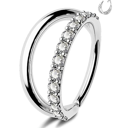 OUFER Nose Rings 20G, Clear CZ Double Hoops Nose Rings Silver, Cute Seamless Open Stainless Steel Nose Rings Hoops Nose Nostril Piercing Jewelry, Unique Nose Rings for Women