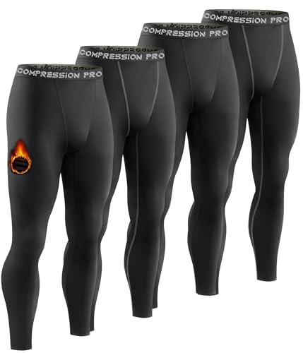 La Mejor Selección de Pantalones térmicos para Hombre los mejores 5. 41 Dalavch - Paquete de 4 pantalones térmicos de compresión para hombre, con forro polar para clima frío, deportes atléticos, ropa base de invierno, 2 Black 2 Black (Grey Line),...