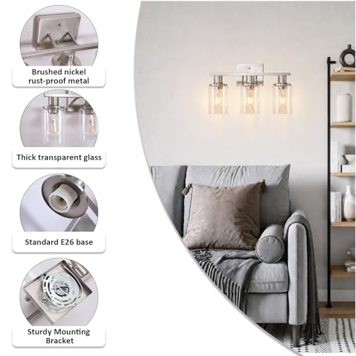 Image of Brushed Nickel Bathroom Light Fixtures Over Mirror,3-Light Bathroom Vanity Light with Clear Glass Shade,Modern Farmhouse Wall Sconces Lighting for Mirror Kitchen Living Room Cabinet