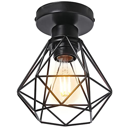 E27 Plafonniers Industrielles Métal Cage Noir Vintage Suspension forme Diamant Rétro Luminaire d'eclairage (1 pack - Ø16cm) Cover