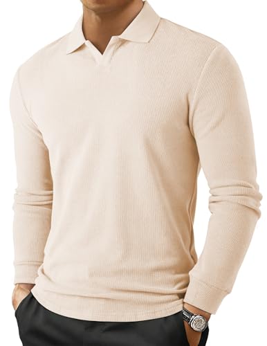 JMIERR Men's Polo Shirt with Open V Collar Muscle Rib Knitted Old Money Fasion Golf T-Shirt Early Fall Fashion, 2XL, Beige White