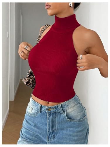 Image of MakeMeChic Sleeveless Turtle Neck Tops Crop Mock Neck Tops for Women