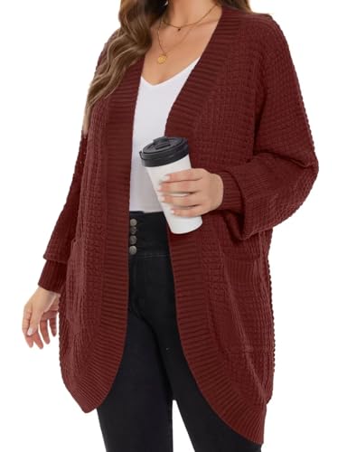 Image of MONNURO Womens Plus Size Open Front Cardigan Waffle Knit Long Sleeve Sweaters Tops Fall Coat Outerwear with Pockets