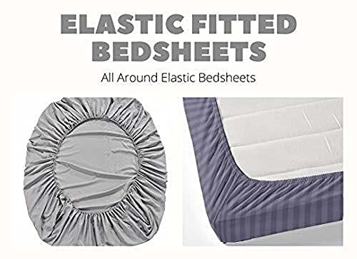 Image of DECOR2ADMIRE 300 TC Premium Glace Cotton All Round Elastic Fitted Plain Stripe Pastel Shades Queen Size Bedsheet with 2 Pillow Covers (Blue, Super King 108 inch x 108 inch)