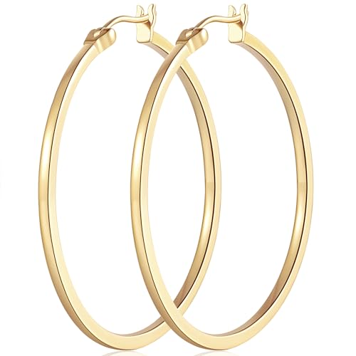 14K Gold Hoop Earrings for Women Large Gold Hoop Earrings Round Square-edge 14K Hoops Earring Womens Earring 40MM