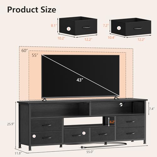 Image of Furologee 55 inch LED TV Stand for Bedroom, Entertainment Center with 6 Fabric Drawers for 50 55 60 Inch TVs, Dresser TV Stand Console Media Table with Power Outlets for Living Room, Black