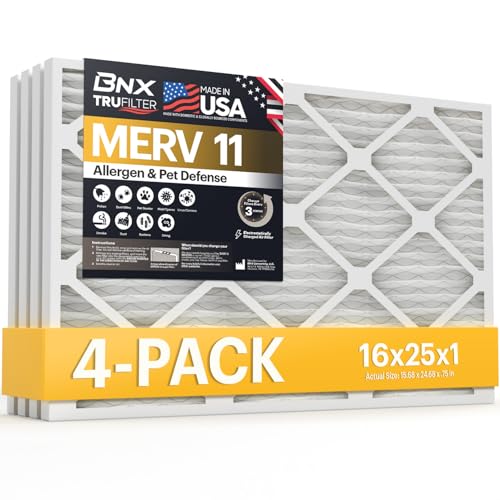 Image of BNX TruFilter 16x25x1 Air Filter MERV 11 (4-Pack) - MADE IN USA - Allergen Defense Electrostatic Pleated Air Conditioner HVAC AC Furnace Filters for Allergies, Dust, Pet, Smoke, Allergy MPR 1200 FPR 7