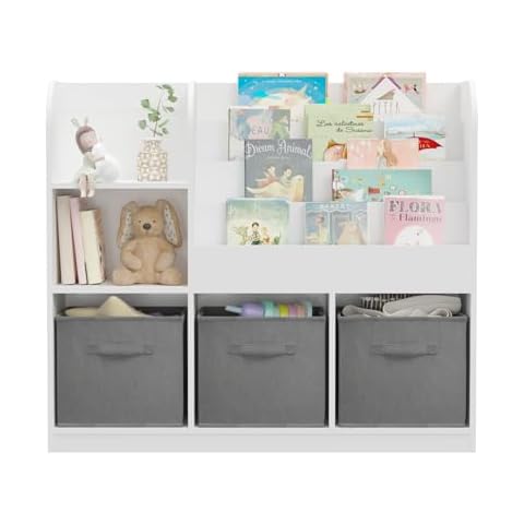 BAOMKONG Kids Bookcase and Bookshelf, Multi Shelf Cubby with 3 Collapsible Fabric Drawers, Children's Book and Toy Display Rack, Toy Storage Organizer for Bedroom, Playroom, Hallway, White + Grey Cover