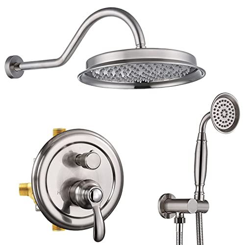 WXPGFEQ Juego de Mezclador de Ducha Empotrado de 2 vías - Cabezal de Ducha Tipo Lluvia y Sistema de Manguera. Acabado en níquel Cepillado. Kit de Ducha de baño Moderno con Soporte ajustabl