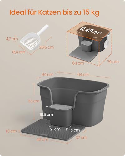 Feandrea Katzenklo, extragroße Katzentoilette, für Mehrkatzenhaushalte, mit hohen Seitenwänden, Katzenstreumatte, Aufbewahrungsbox, Schaufel, für große Katzen, schiefergrau PPT003G02 – Bild 5