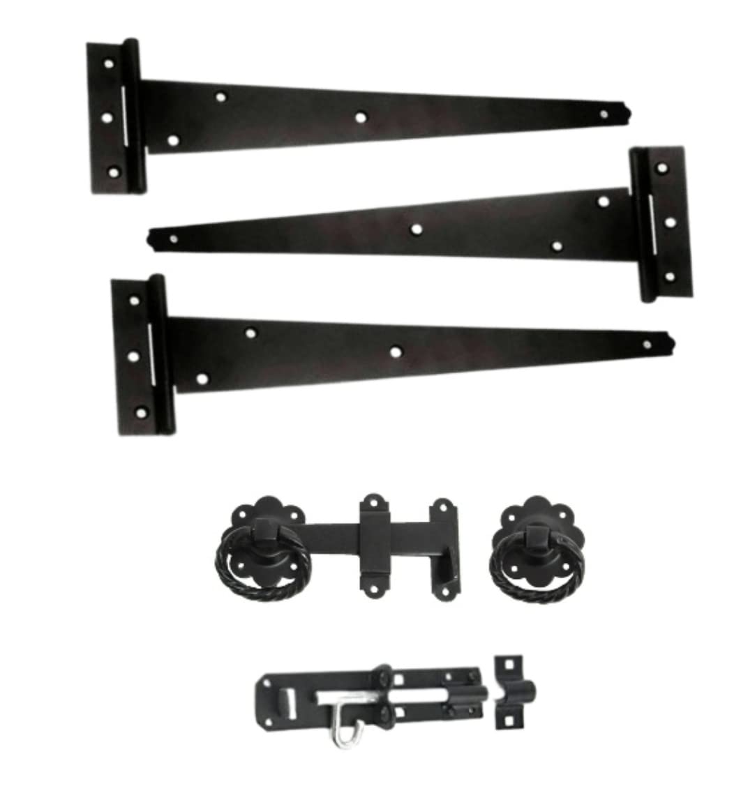 Haven Heritage Gate Hinge Kit Fitting Set Hinges Brenton Bolt Ring Latch Wooden Gate Black (12")