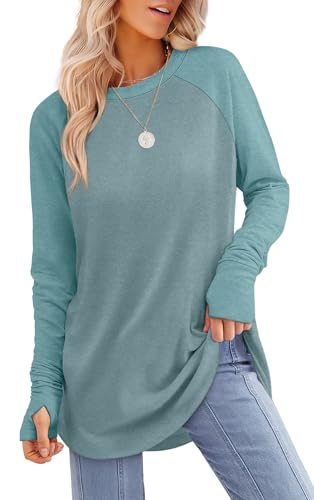 Image of XIEERDUO Womens Tunic Tops to Wear with Leggings Long Sleeve Thumb Hole Shirts Crew Neck Curved Hem