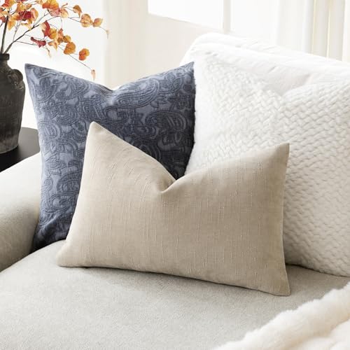 Image of Foindtower Pack of 2 Soft Textured Throw Decorative Pillow Covers Lumbar Accent Solid Cushion Cover Cozy Neutral Farmhouse Pillow Case for Couch Sofa Bedroom Living Room 12x20 Inch, Beige