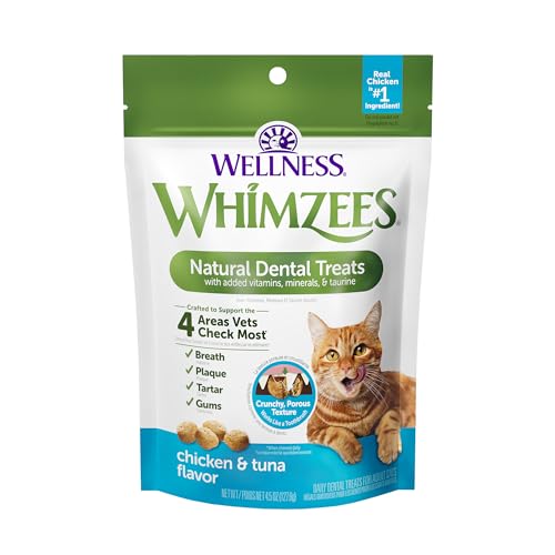Image of Wellness WHIMZEES Cat Dental Treats, Freshens Breath, Chicken and Tuna Flavor, 4.5 oz Bag