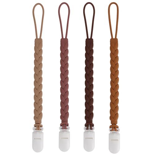 Image of NASHRIO Stylish Silicone Pacifier Clips 4-Pack for Baby Boys and Girls, Woven Rope Flexible Design, Rust-Free Holders for Teething Relief and Baby Essentials, Safe for Newborns (Brown)