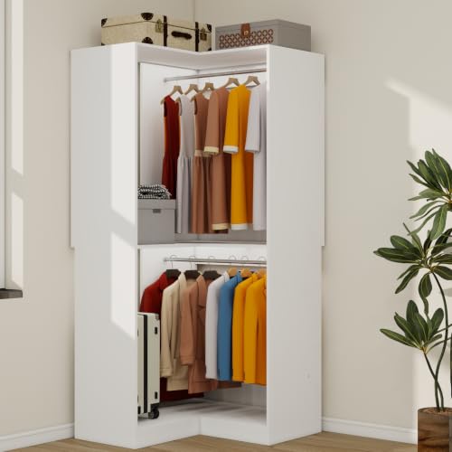 Image of Corner Closet System with Double Hanging Rods, 81 inch Tall Corner Closet Organizer Tower, Wooden Walk in Corner Closet Cabinet with Side Rod, White