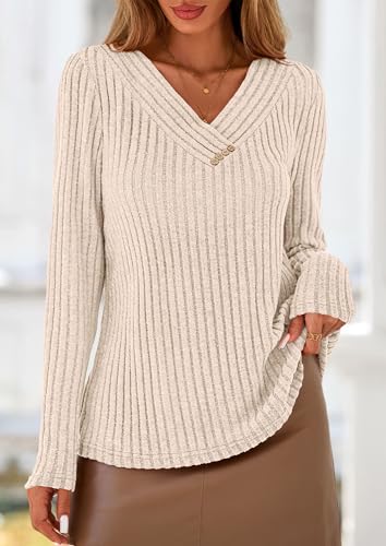 PRETTYGARDEN Women's Long Sleeve Shirts 2025 Fall Fashion Clothes Casual Ribbed V Neck Loose Tunic Tops Lightweight Sweaters4