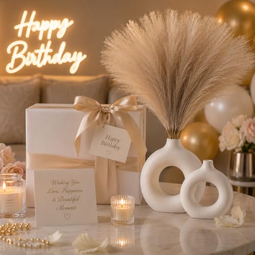 Image of Artificial Pampas Grass Set of 3 for Home Decor, Faux Fluffy Dried Flower Stems for Vase Decoration, Boho Table Centerpiece, Artificial Flowers for Living Room Bedroom Office Decor. (Brown)