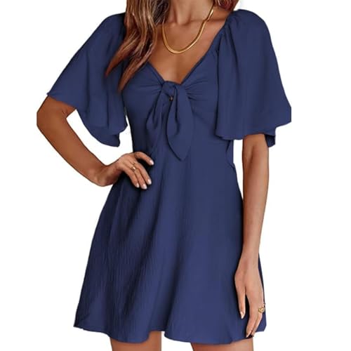 Robe trapèze manches courtes casual col V avec nœud papillon élégant