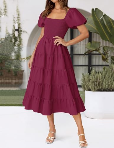 Image of ZESICA Women's 2026 Summer Puff Sleeve Midi Dress 2026 Boho Solid High Waist Flowy Beach Wedding Guest Long Dresses
